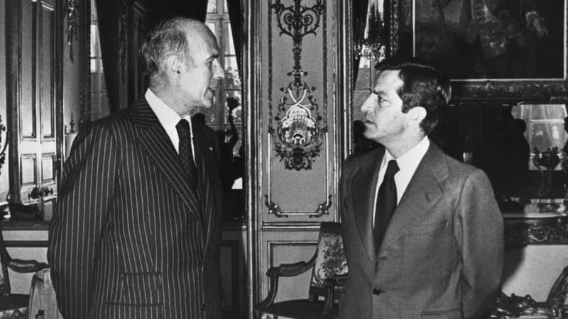 Le président français Valery Giscard d'Estaing avec le Premier ministre espagnol Adolfo Suarez à l'Elyséesee le 31 août 1977.