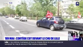 1er-Mai: la CGT manifeste en voiture devant le CHU de Lille