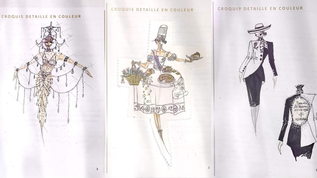 Les croquis des trois projets proposés par Maël Charton au comité Miss France pour le costume régional de Miss Lorraine.