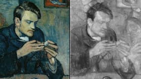 Le "Portrait de Mateu Fernández de Soto", peint en 1901 par Picasso, sans et avec infrarouge, révélant un portrait de femme