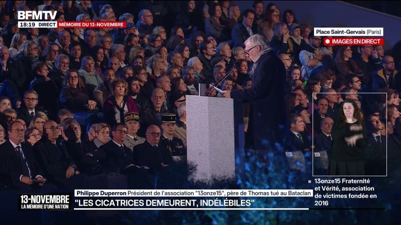 13-Novembre: “Monsieur le Président, merci d’avoir gravé sur le calendrier de la Nation la journée nationale d’hommage aux victimes du terrorisme”, remercie Philippe Duperron, président de l’association de victimes 13onze15 Fraternité et Vérité