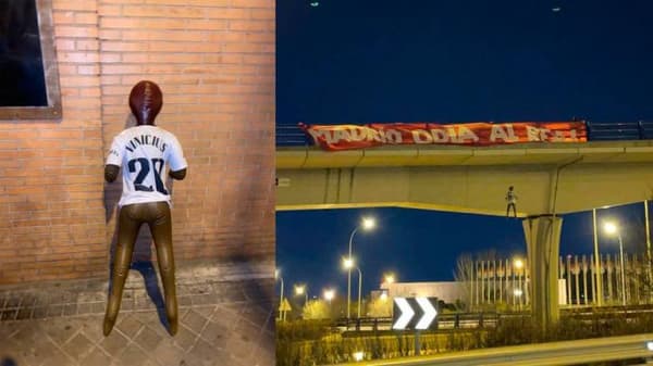 Une poupée avec le maillot de Vinicius pendu à un pont près du centre d'entraînement du Real Madrid avant le derby contre l'Atlético de Madrid