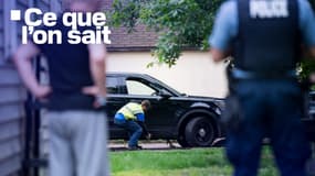 Des policiers devant le domicile de Vance Boelter, saisissant son véhicule, alors qu'il est suspecté d'avoir tué une élue démocrate à Minneapolis, le 14 juin 2025