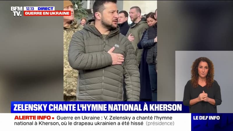 Ukraine: Volodymyr Zelensky chante l'hymne national à Kherson
