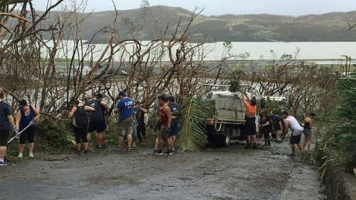 Des habitants de Hamilton Island nettoient une route bloquée par des arbres et des branches de palmiers Des habitants de Hamilton Island nettoient une route bloquée par des arbres et des branches de palmiers