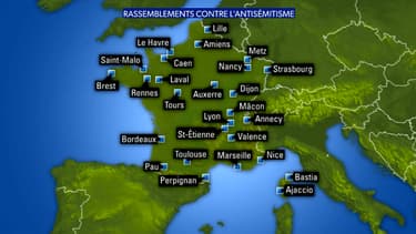 Carte non exhaustive des rassemblements contre l'antisémitisme mardi 19 février 2019 en France.
