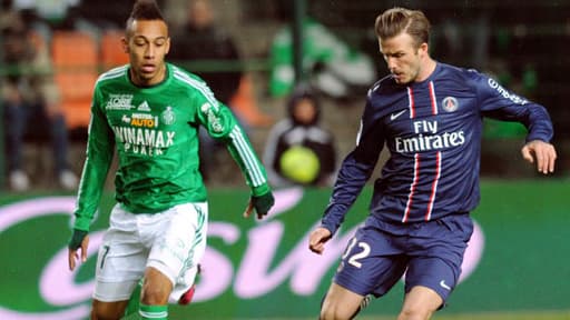 Pierre-Emerick Aubameyang et David Beckham lors du match AS Saint-Etienne-PSG, le 17 mars 2013.