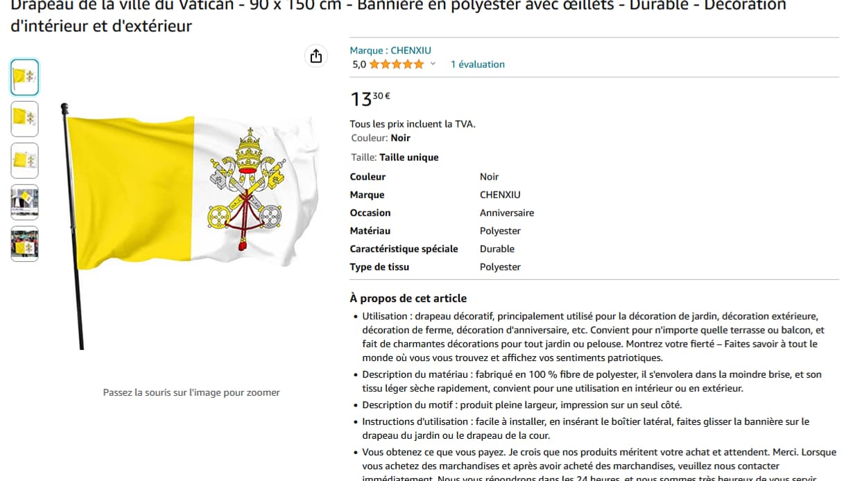 Un drapeau erroné du Vatican en vente sur Amazon