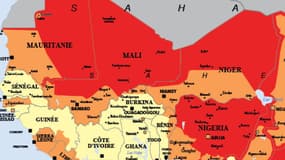 Une carte du Sahel diffusée le 22 septembre 2014 sur le site du Quai d'Orsay. En orange, les pays où les déplacements sont déconseillés sauf raison impérative. En rouge, les pays où les déplacements sont fortement déconseillés.