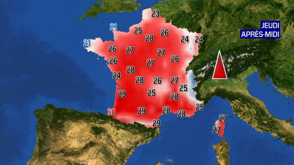 Carte de France des températures pour jeudi après-midi.