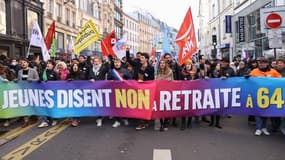 La tête de cortège de la "marche pour nos retraites" à Paris le samedi 21 janvier 2023