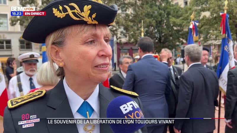 80 ans de la Libération de Lyon: la préfète Fabienne Buccio prend la parole lors de la cérémonie