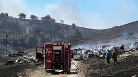 Des pompiers luttent contre les flammes près de Volos le 27 juillet 2023