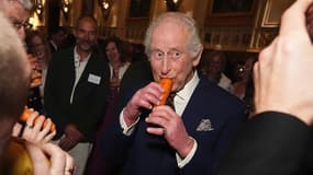 Le roi Charles joue de la flûte-carotte avec le London Vegetable Orchestra lors d'une réception organisée au château de Windsor, le 3 avril 2025