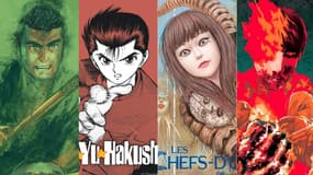 Détails des couvertures des mangas "Lone Wolf & Cub", "YuYU Hakusho", "Les Chefs-d'oeuvre de Junji Ito" et "Fire Punch"