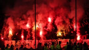 Les supporters de l'OL à Old Trafford pour le quart de finale retour de Ligue Europa, 17 avril 2025
