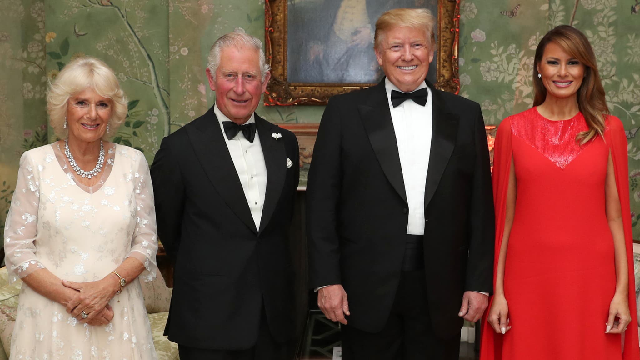 Camilla, Charles, alors prince de Galles, Donald Trump et son épouse Melania, le 4 juin 2019 avant un dîner officiel à l'ambassade des Etats-Unis à Londres.