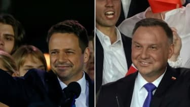 Le président polonais Andrzej Duda (à droite) et son rival à la présidentielle Rafal Trzaskowski font tous deux le signe de la victoire lors de la divulgation des premiers résultats, le 12 juillet 2020