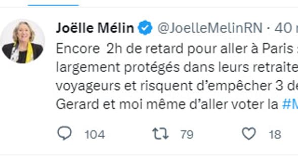 Joëlle Mélin, députée RN des Bouches-du-Rhône, le 20 mars 2023 sur Twitter Joëlle Mélin, députée RN des Bouches-du-Rhône, le 20 mars 2023 sur Twitter