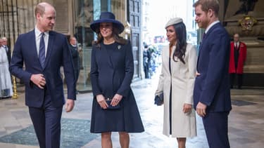 Le prince William, Kate Middleton, Meghan Markle et le prince Harry à Londres en mars 2018