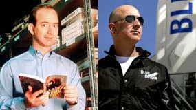 Jeff Bezos (à gauche en 1997, à droite en 2015 devant une fusée Blue Origin)