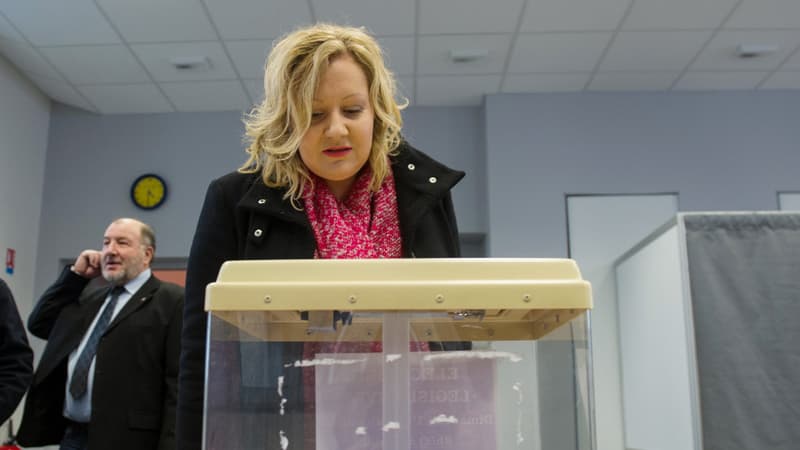 La candidate FN Sophie Montel à son arrivée au bureau de vote, le 1er février 2015.