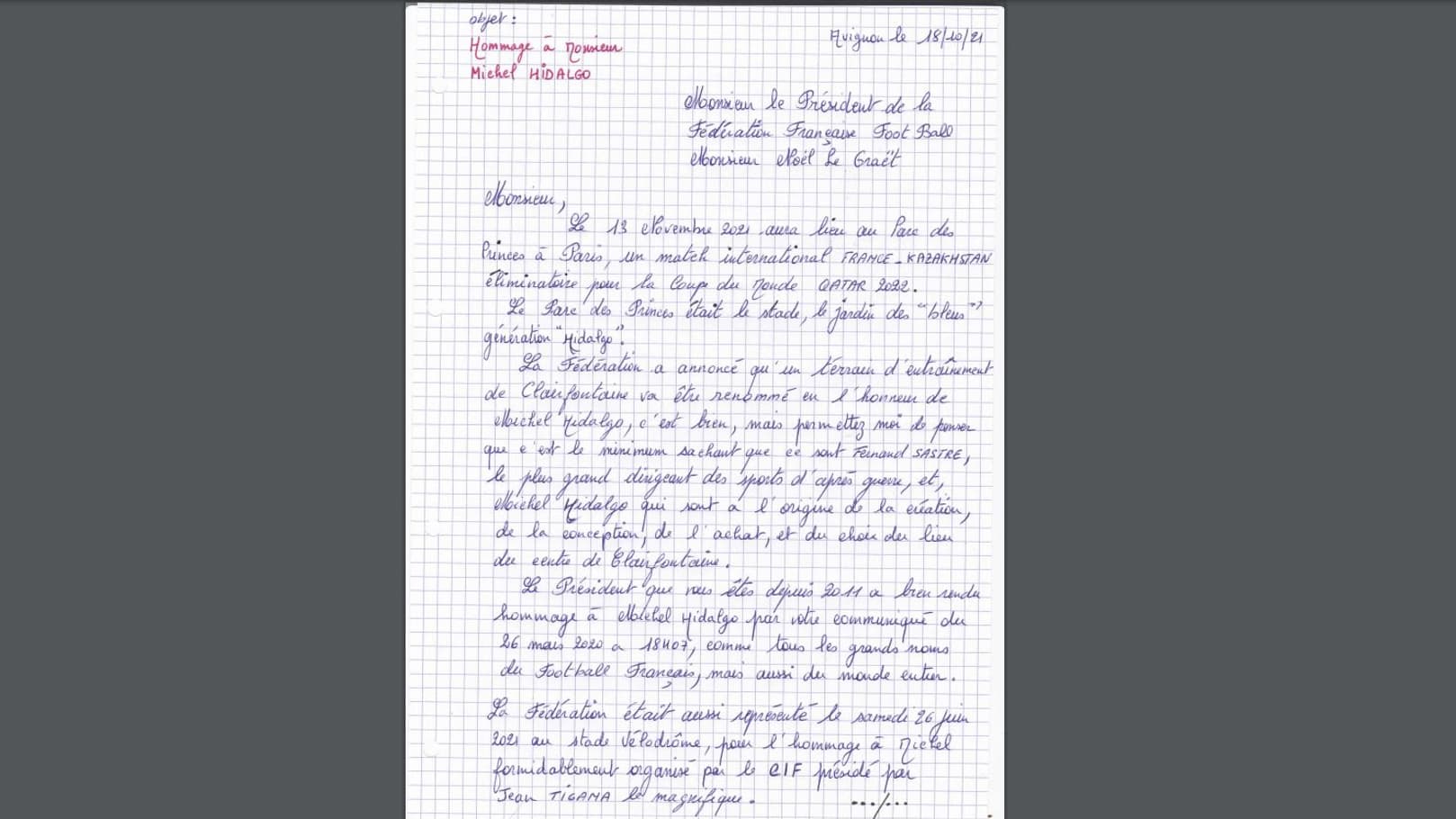 La lettre adressée à Noël Le Graët pour un "grand hommage" à Michel Hidalgo La lettre adressée à Noël Le Graët pour un "grand hommage" à Michel Hidalgo