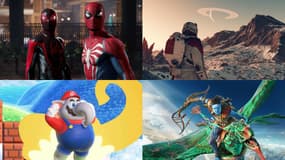 De gauche à droite, de haut en bas: Spider-Man 2, Starfield, Super Mario Bros. Wonder et Avatar: Frontiers of Pandora