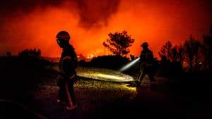Les pompiers se battant contre les flammes qui touchent Martigues (Bouches-du-Rhône), dans la nuit du 17 au 18 juillet 2025.