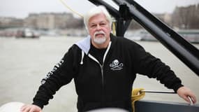 Le fondateur de l'ONG Sea Shepherd Conservation Society, le Canadien Paul Watson, pose à bord du "Brigitte Bardot", un multicoque de Sea Shepherd amarré à Paris, le 15 janvier 2015. 