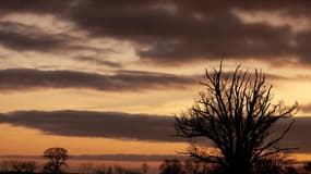 Le soleil se levant derrière quelques nuages à Saint-Philbert-sur-Risle, en Normandie, le 30 décembre 2023.