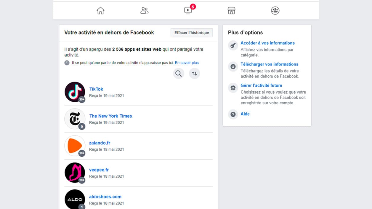 Page Facebook affichant les liens du réseau social avec les sites partenaires