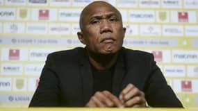 Le nouvel entraîneur de Nantes, Antoine Kombouaré, en conférence de presse à La Beaujoire, le 11 février 2021