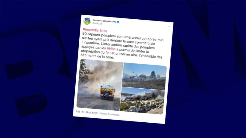 Capture d'écran du tweet des sapeurs-pompiers 06 sur l'incendie Lingostière.