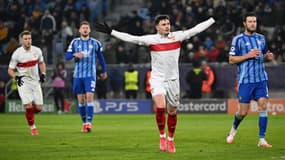 Fabian Rieder célèbre son but lors de Bratislava-Stuttgart (1-3, Ligue des champions), le 21 janvier 2025