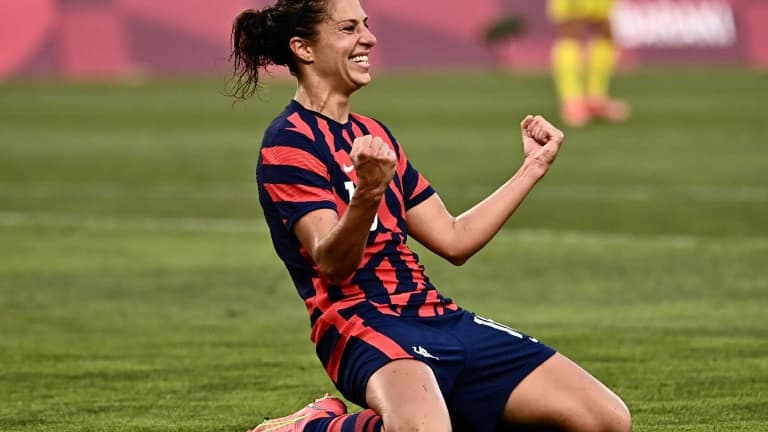 L'attaquante américaine Carli Lloyd après avoir marqué lors du tournoi olympique de football à Tokyo