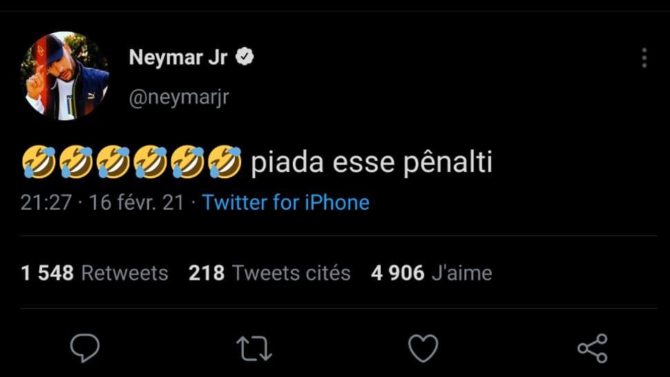 Le tweet de Neymar effacé pendant Barça-PSG, le 16 février 2021 Le tweet de Neymar effacé pendant Barça-PSG, le 16 février 2021