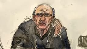 Croquis d'audience du 24 février 2025 montrant l'ex-chirurgien Joël Le Scouarnec à l'ouverture de son procès à Vannes pour viols et agressions sexuelles sur 299 patients.