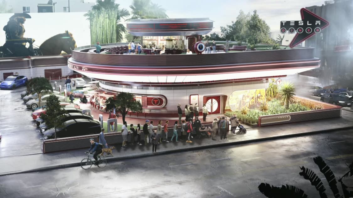 Le visuel du restaurant-cinéma-station de recharge imaginé par Tesla et montré lors de l'Investor Day de mars 2023.