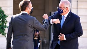 Emmanuel Macron avec l'ex-Premier ministre australien, Scott Morrison 