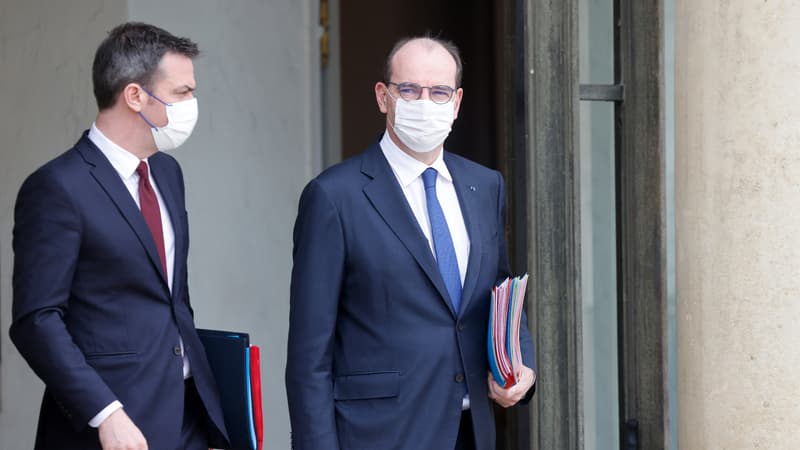 Olivier Véran et Jean Castex, au palais de l'Élysée le 10 mars 2021.