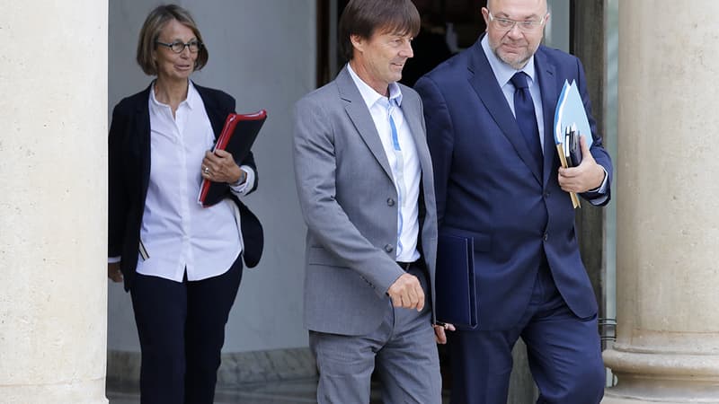 Françoise Nyssen, Nicolas Hulot, Stéphane Travert quittent l'Elysée le 28 juin 2017 après le conseil des ministres.