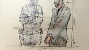 Croquis d'audience montrant l'accusé Salah Abdeslam (d) dans le box de la cour d'assises spéciale au palais de justice de Paris, le 28 septembre 2021