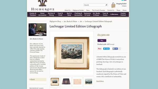 Une lithographie du prince Charles, en édition limitée, à vendre sur la boutique de Highgrove House.