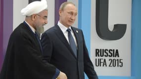 Le président russe Vladimir Poutine accueille son homologue iranien Hassan Rohani, au 7ème sommet des BRICS à Ufa