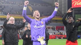 La joie du gardien de Lens Robin Risser après la victoire face à Lille le 20 septembre 2025