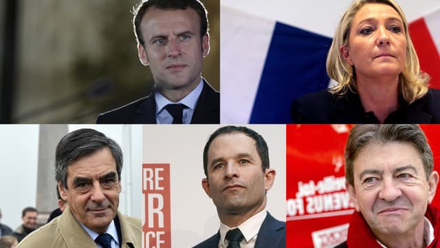Les cinq candidats à l'élection présidentielle, invités à débattre sur TF1 le lundi 20 mars 2017.