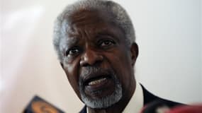U.N.-Arab League envoy Kofi Annan speaks during a news conference at Hatay airport, southern Turkey, April 10, 2012. Annan said there should be no preconditions to halting violence in Syria and insisted a U.N.-sponsored peace plan designed to stem 13-mont