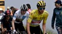 Le Slovène Tadej Pogacar, leader du Tour de France, mène devant le Danois Jonas Vingegaard et l'Equatorien Richard Carapaz, lors de la 17e étape, le 14 juillet 2021 entre Muret et Saint-Lary-Soulan  