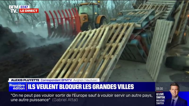 Avignon: des agriculteurs déversent du fumier et des palettes sur un rond-point